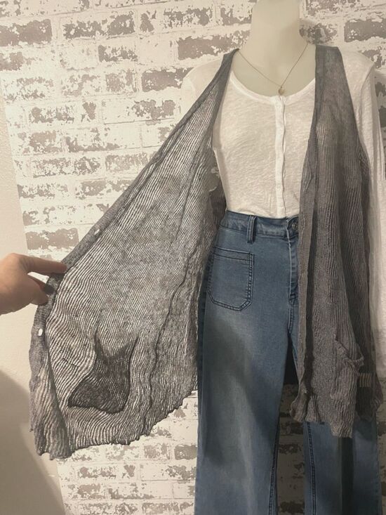 Eileen Fisher Sheer Linen Metallic Knit Vest XL Open Front Lightweight Layering - Picture 3 of 8